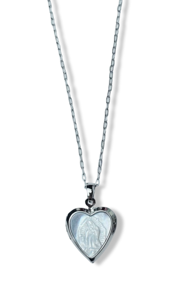 COLLAR VIRGEN MADRE PERLA RELICARIO PLATEADO