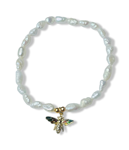PULSERA PERLA ARROZ ABEJA COLORES CIRCONIAS DORADO