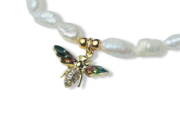 PULSERA PERLA ARROZ ABEJA COLORES CIRCONIAS DORADO