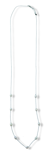 COLLAR PERLA ARROZ BLANCO Y CADENA LARGA PLATEADO