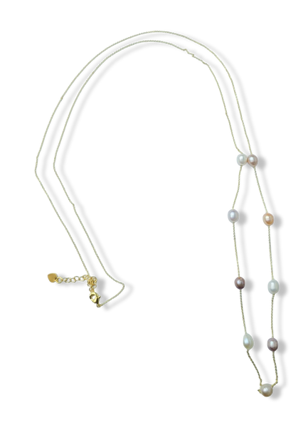 COLLAR PERLA ARROZ COLORES Y CADENA LARGA DORADO