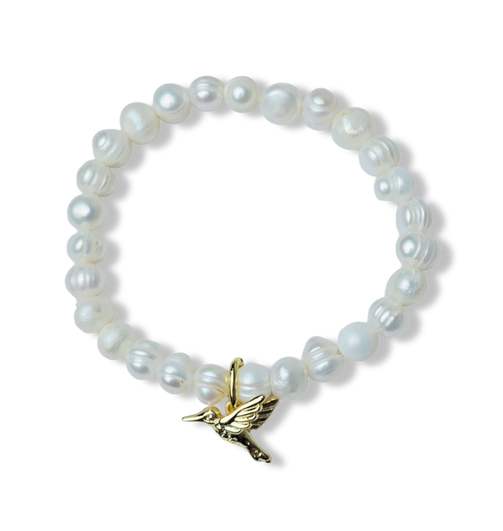 PULSERA PERLA BARROCA Y BLANCA COLIBRÍ DORADO