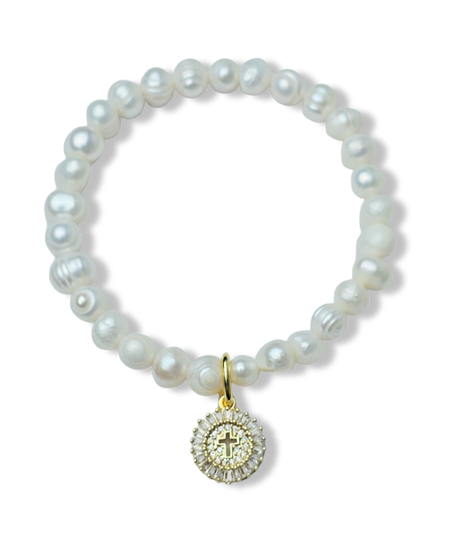 PULSERA PERLA BARROCA Y CRUZ EN CIRCONIAS DORADO