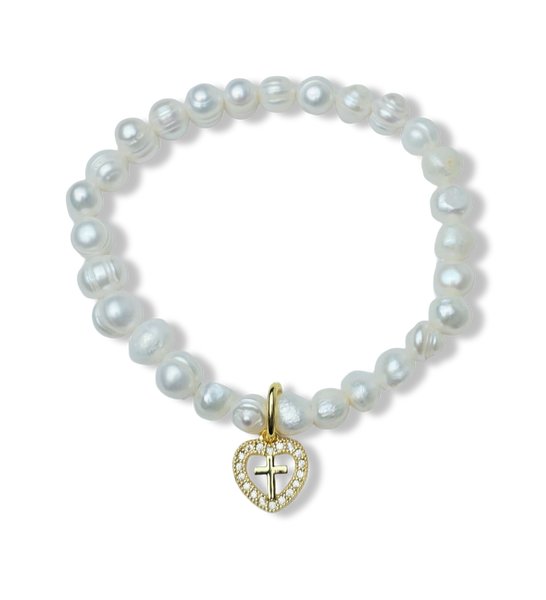PULSERA PERLA BARROCA Y CORAZÓN EN CRUZ DORADO