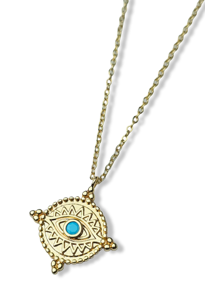 COLLAR OJO TURCO CIRCONIA TURQUESA DORADO