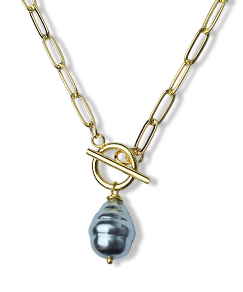 COLLAR CORBATÍN GRIS POLVO DE PERLAS DORADO