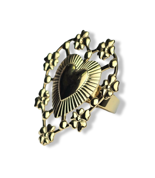 ANILLO WATERPROOF CORAZÓN Y CORONA DE FLORES DORADO