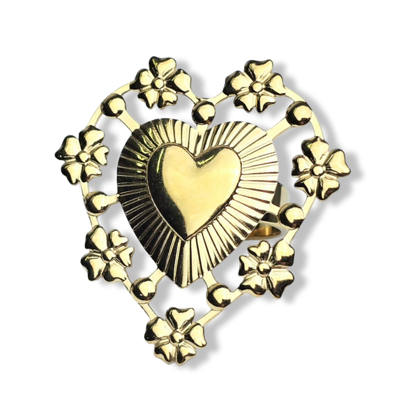 ANILLO WATERPROOF CORAZÓN Y CORONA DE FLORES DORADO