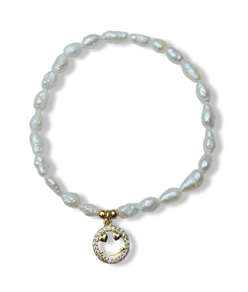 PULSERA PERLA ARROZ Y CARITA ENAMORADA DORADO