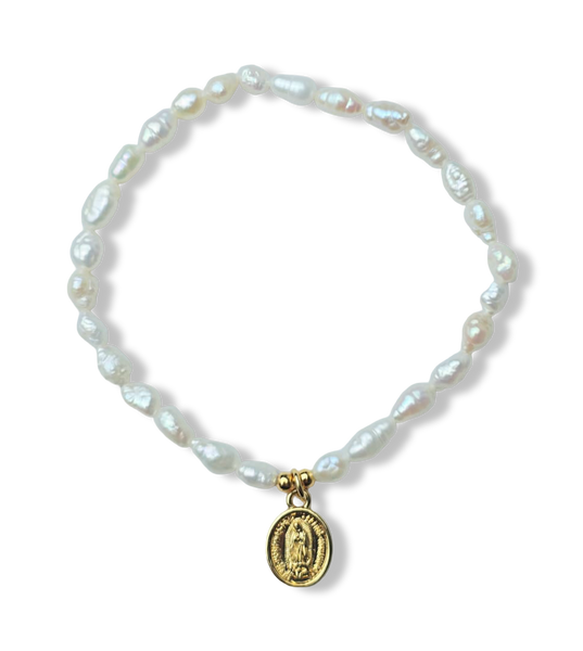 PULSERA PERLA ARROZ Y VIRGEN DORADO