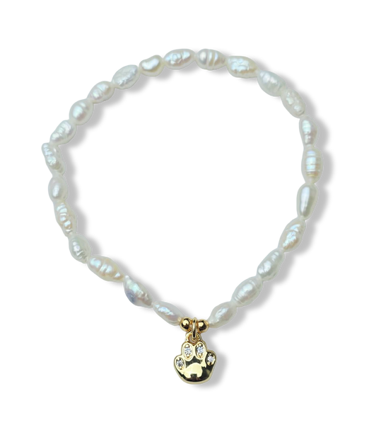 PULSERA PERLA ARROZ Y HUELLITA PET CIRCONIAD DORADO