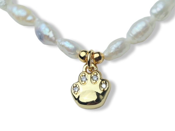 PULSERA PERLA ARROZ Y HUELLITA PET CIRCONIAD DORADO