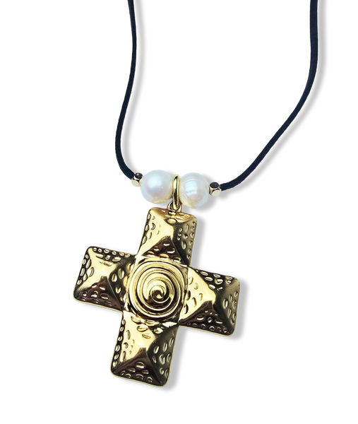 COLLAR WATERPROOF PERLA BARROCA Y CRUZ DORADO