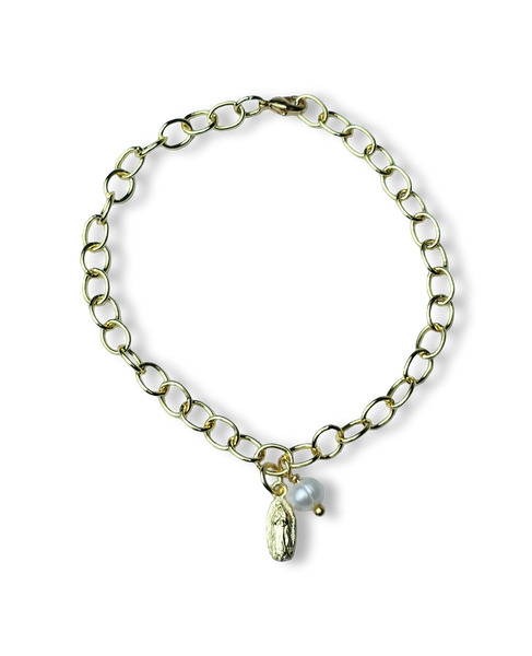 PULSERA ESLABONES VIRGEN Y PERLA BARROCA DORADO