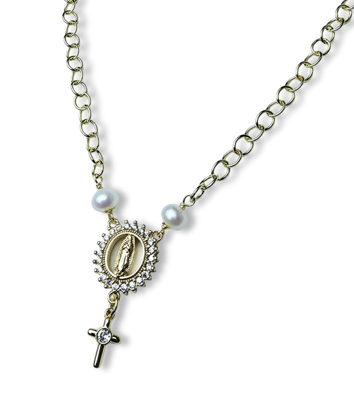 COLLAR VIRGEN Y CRUZ PERLA ROUND CIRCONIAS DORADO