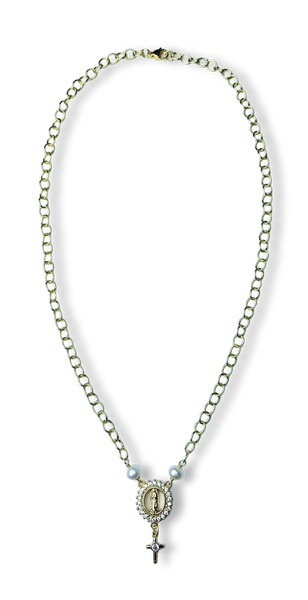 COLLAR VIRGEN Y CRUZ PERLA ROUND CIRCONIAS DORADO