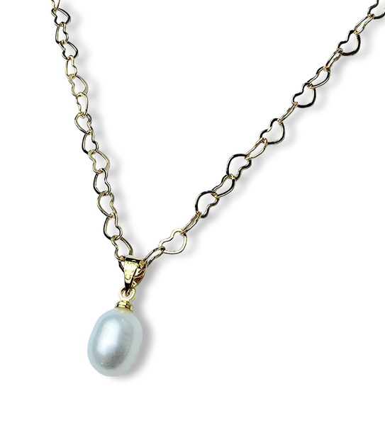 COLLAR PERLA GOTA Y CADENA DE CORAZONES DORADO